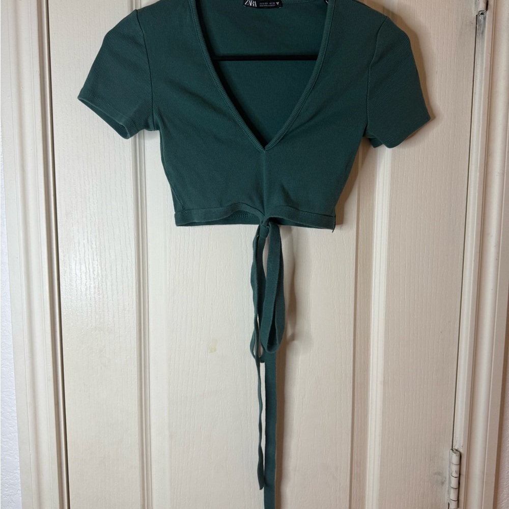 Zara Deep Green Cropped Tie Blouse